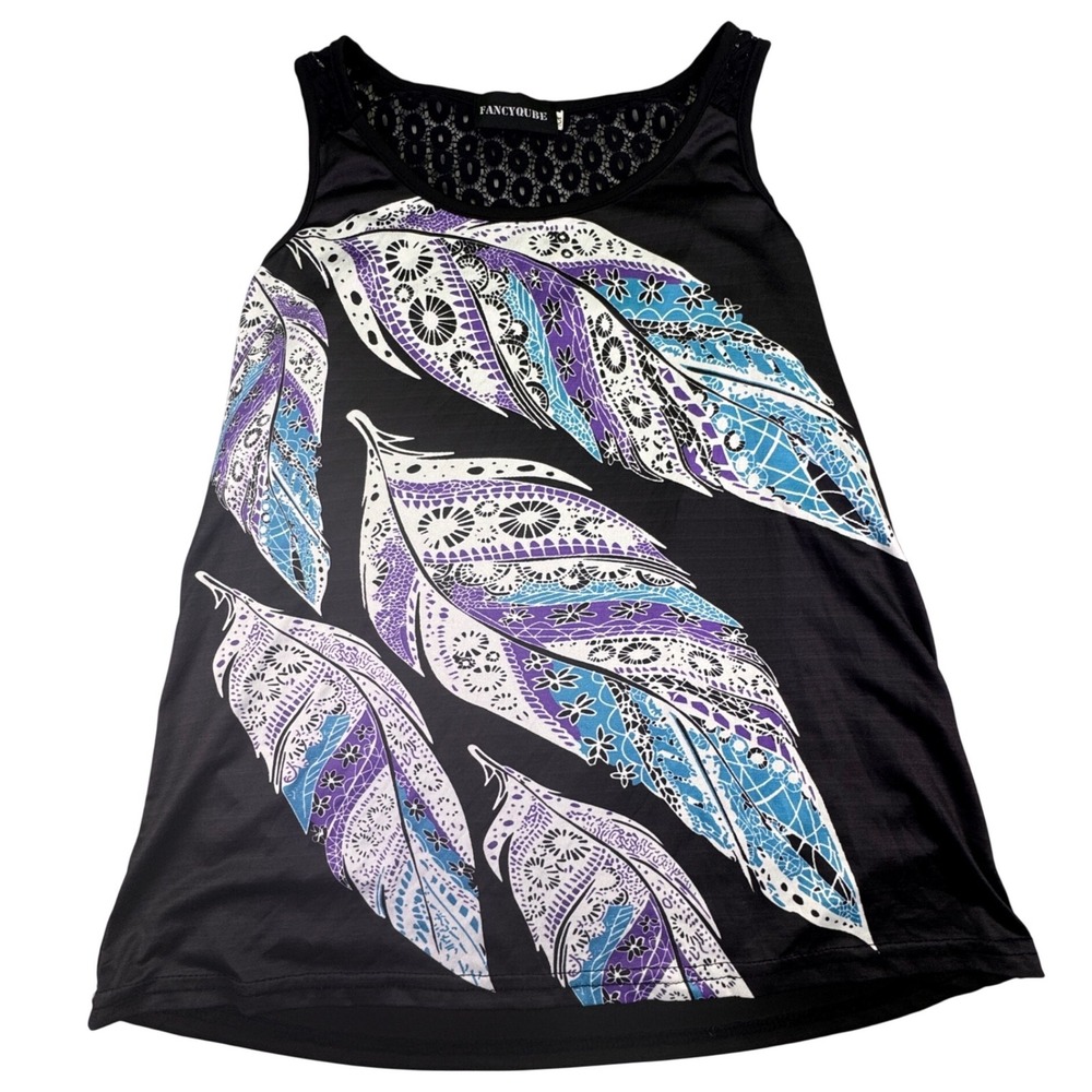 Fancyqube Shirt Women's Medium Black Feather Tank Top Crochet Lace Back Preppy‎